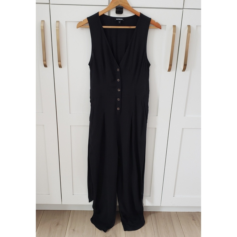 Express Jumpsuit Womens S Black Sleeveless Flare Leg Button Front Belted